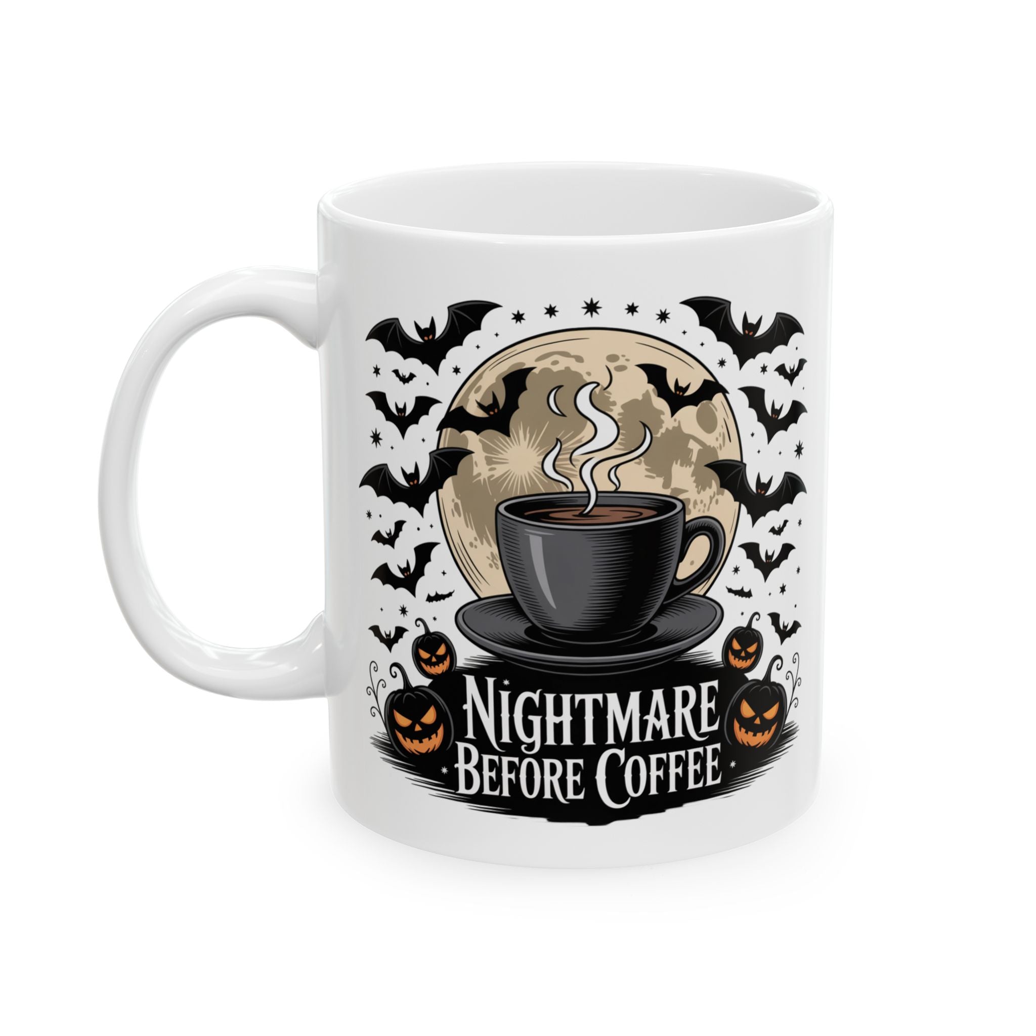 White mug with Halloween-themed design featuring a coffee cup and text on a white background