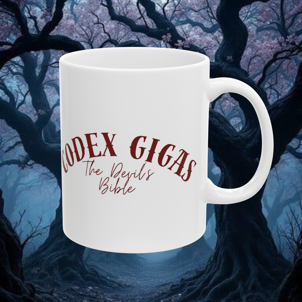 back view of Codex Gigas Mug showing detailed dark academia artwork and ceramic handle