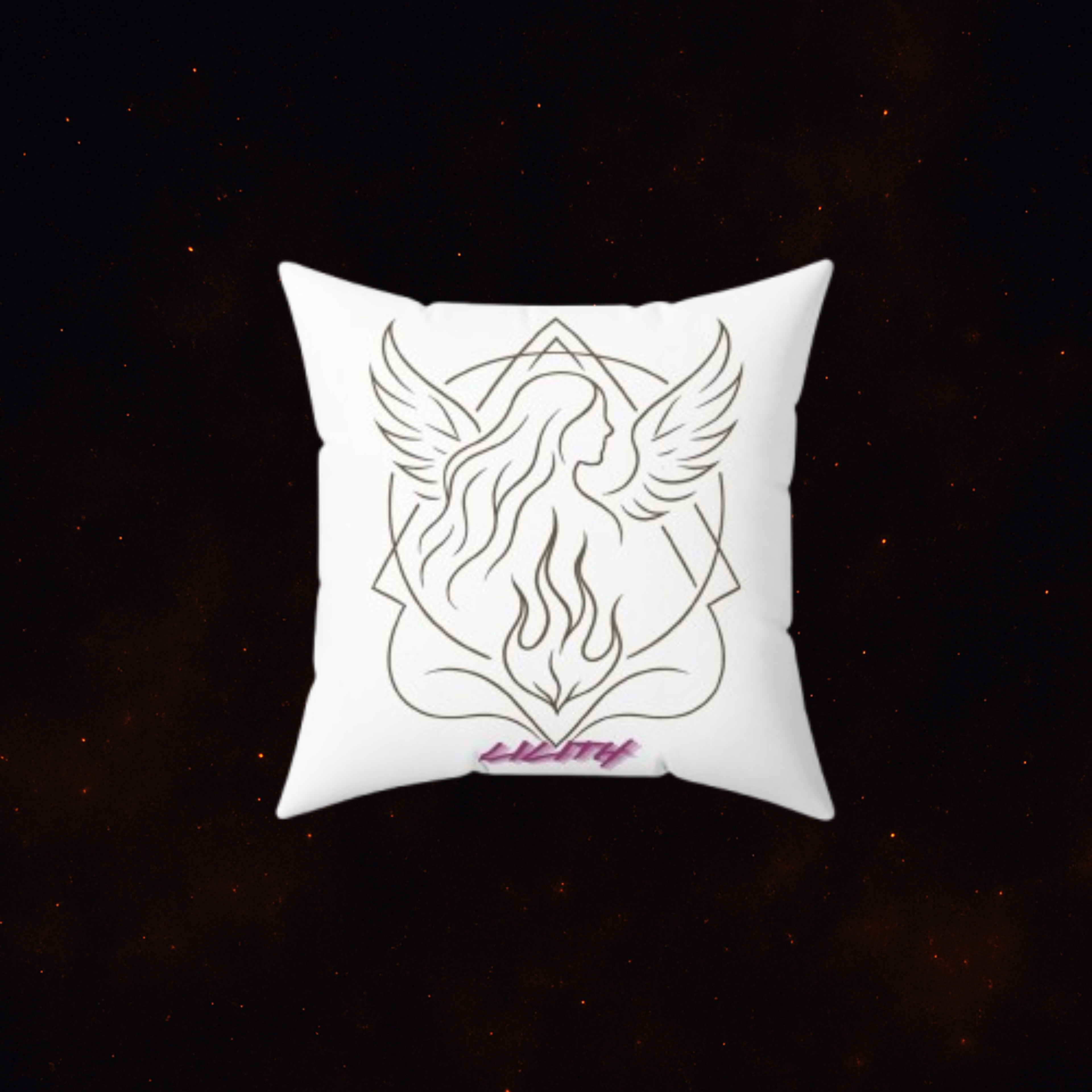 Front view of Lilith Throw Pillow with occult-inspired dark feminine design