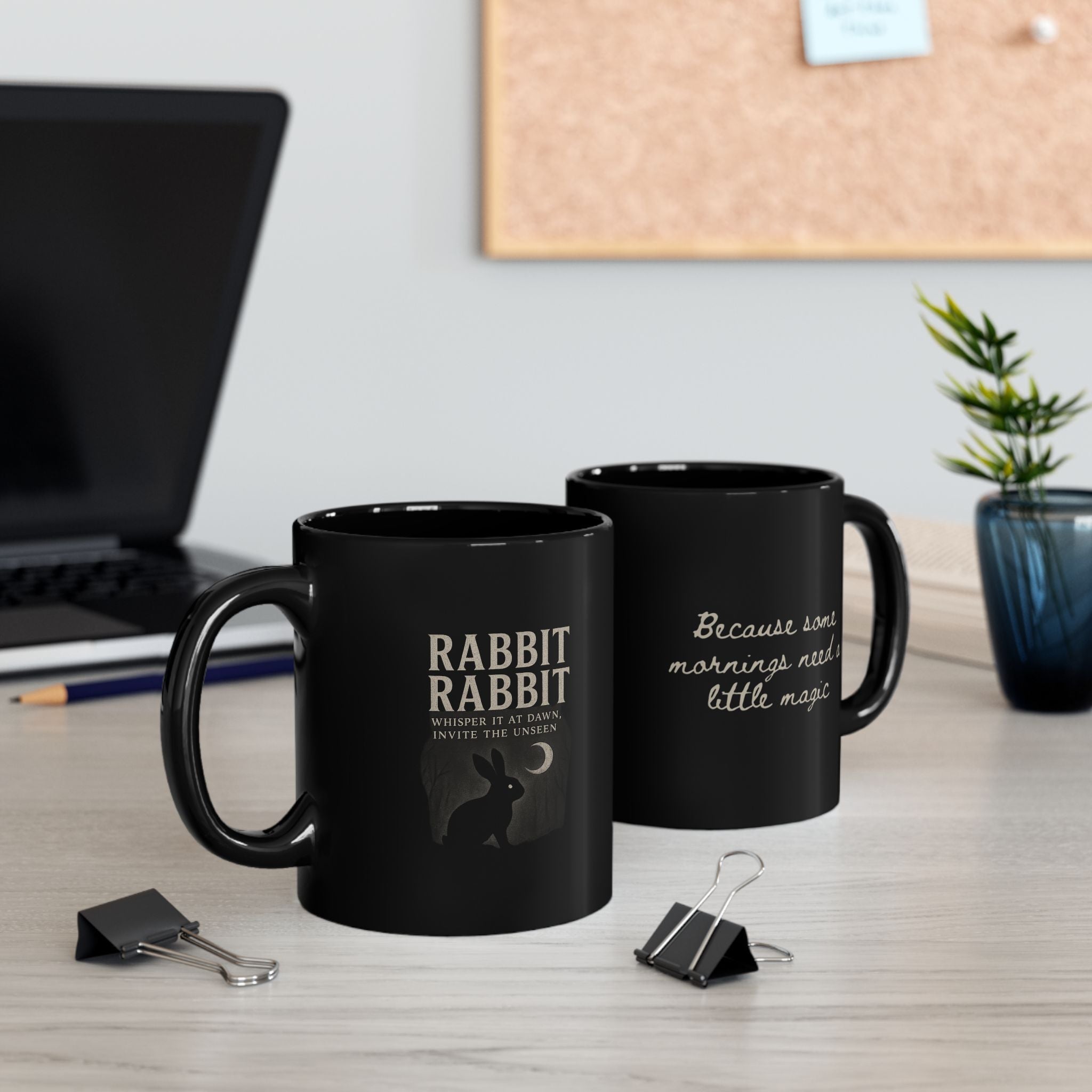 Close-up of Rabbit Rabbit Black Mug showing occult-inspired rabbit illustrations