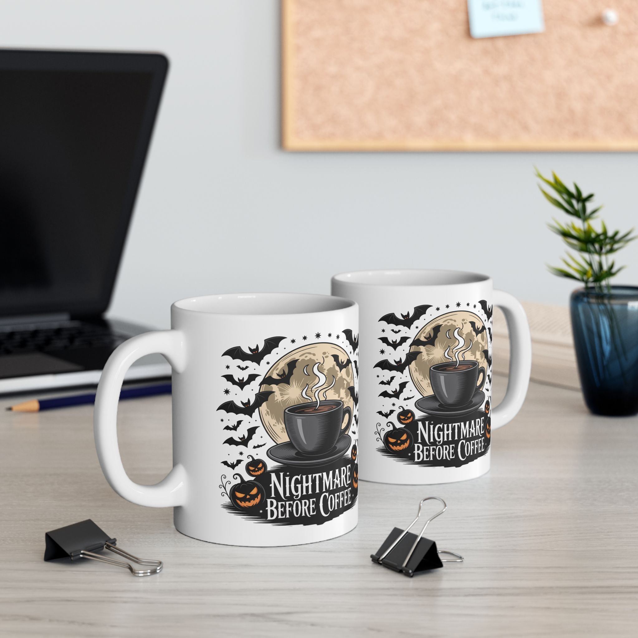 Front/Side view of Halloween mug filled with hot beverage