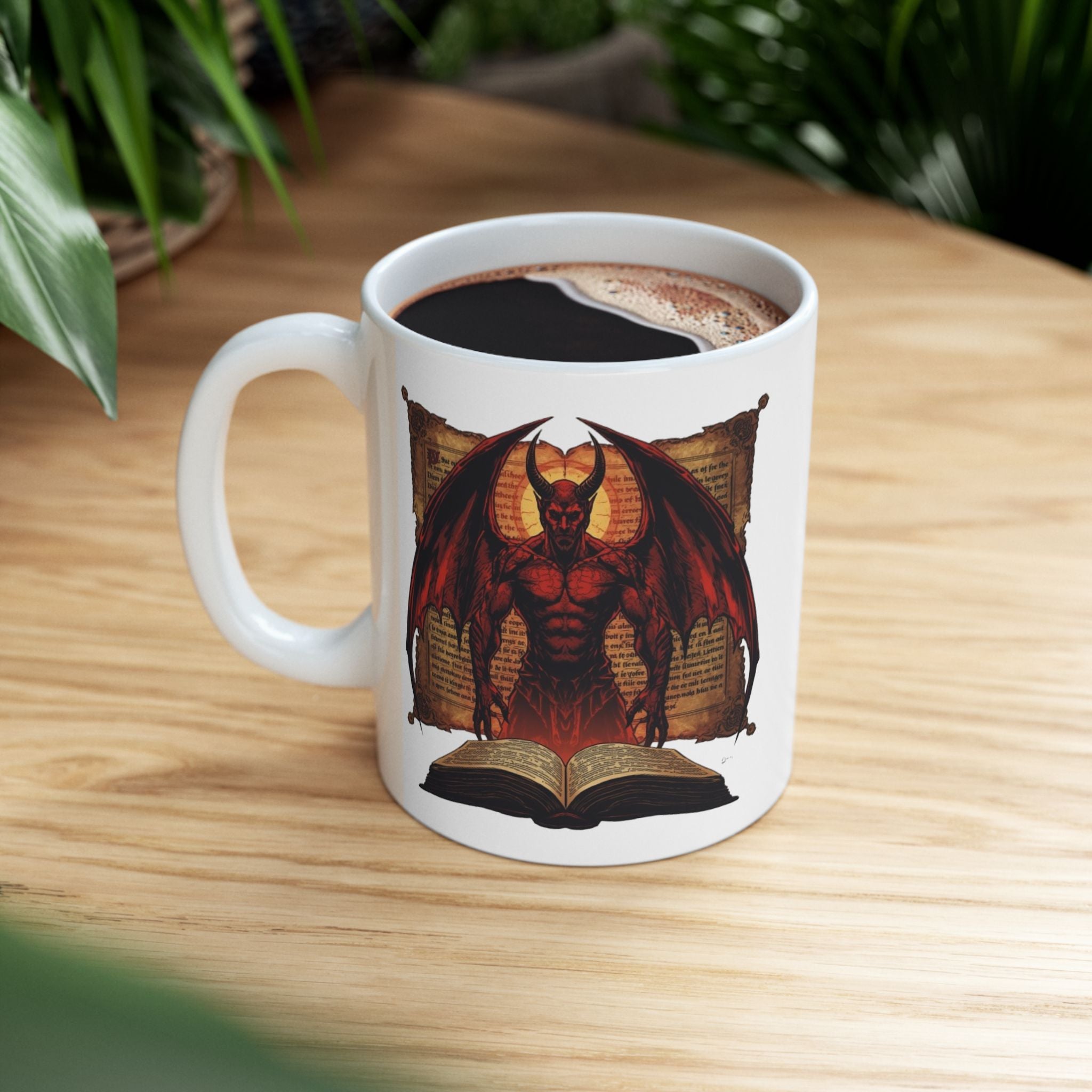 Front view of Codex Gigas Mug featuring gothic medieval design inspired by the Devil’s Bible