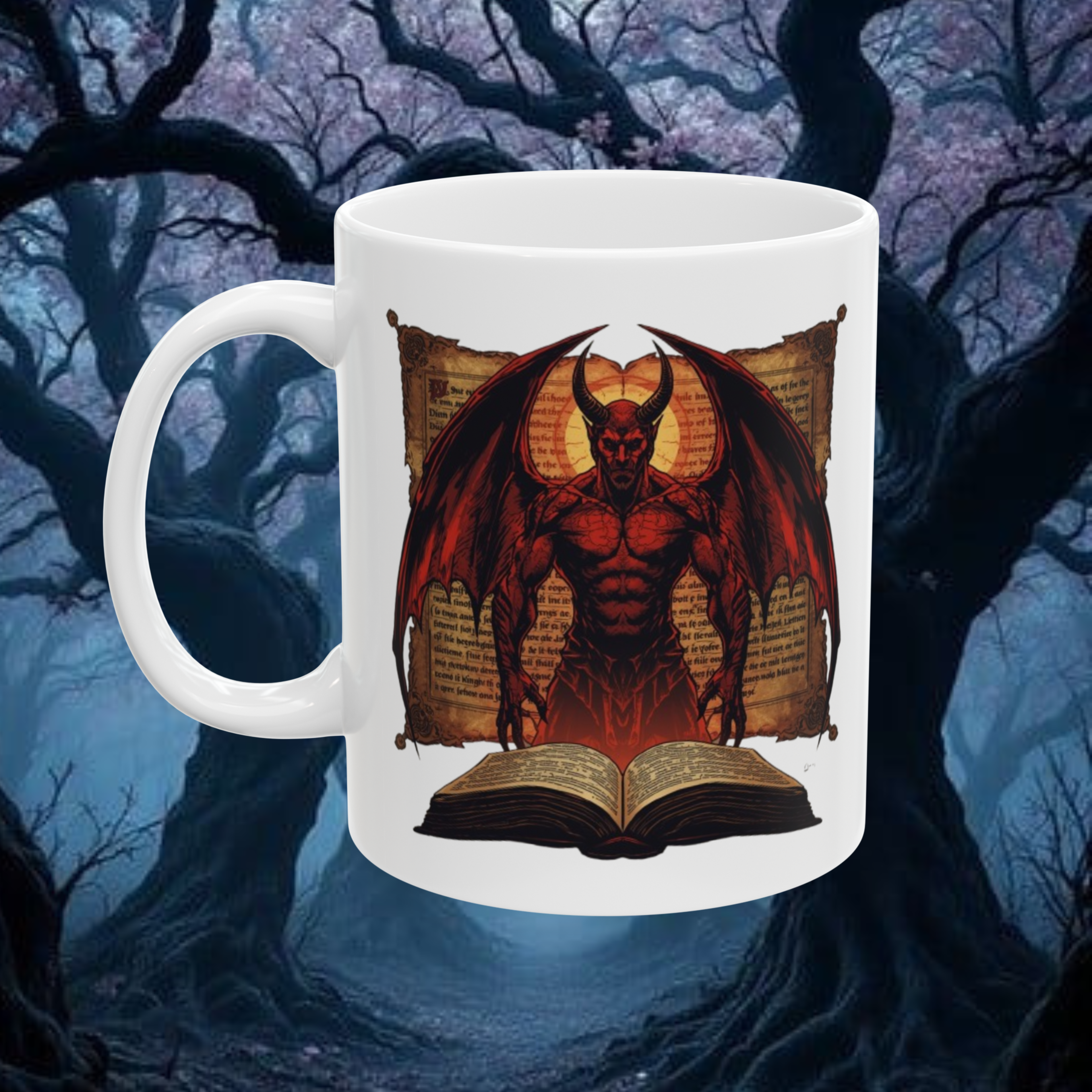 front view of Codex Gigas Mug showing detailed dark academia artwork and ceramic handle