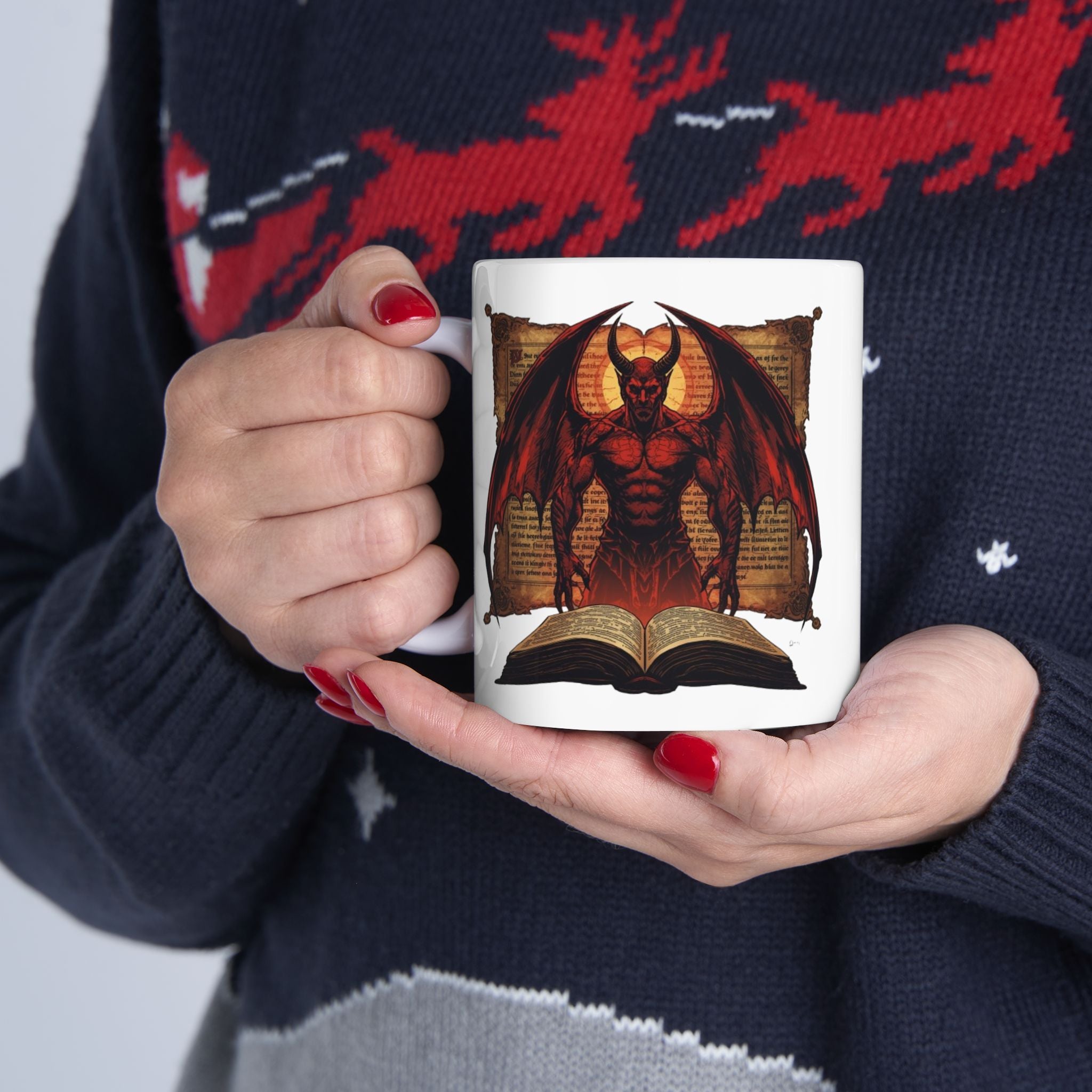 Styled shot of Codex Gigas Mug with coffee and gothic medieval decor items