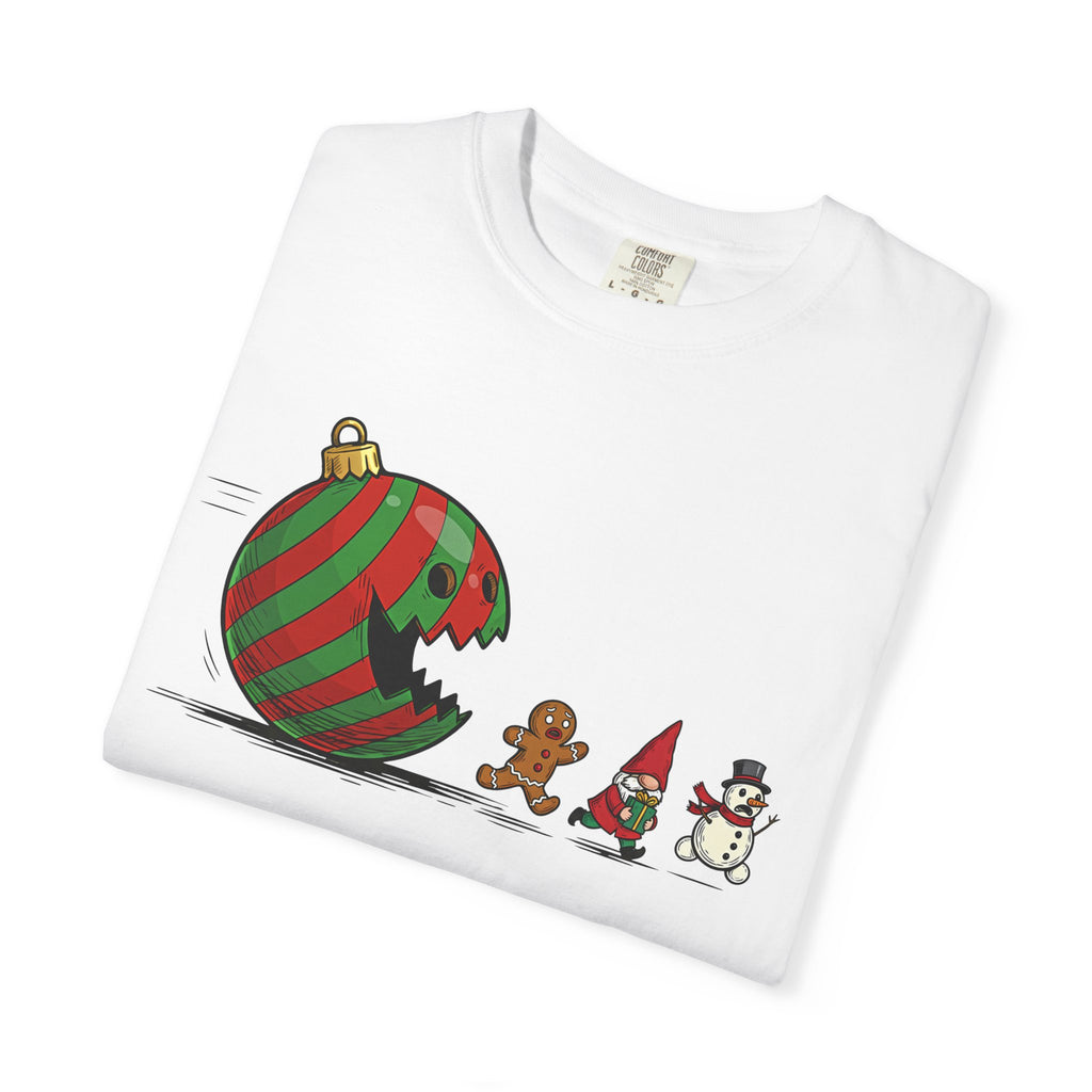 White t-shirt with Christmas-themed graphic on a white background