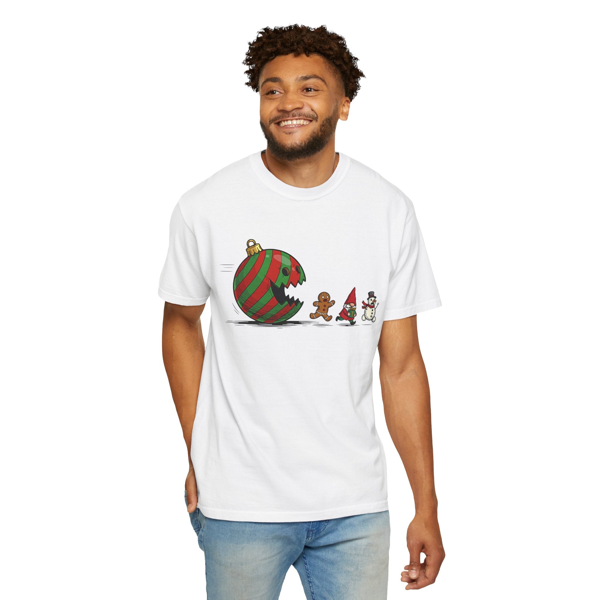 Man wearing a white t-shirt with a Christmas-themed graphic on a white background