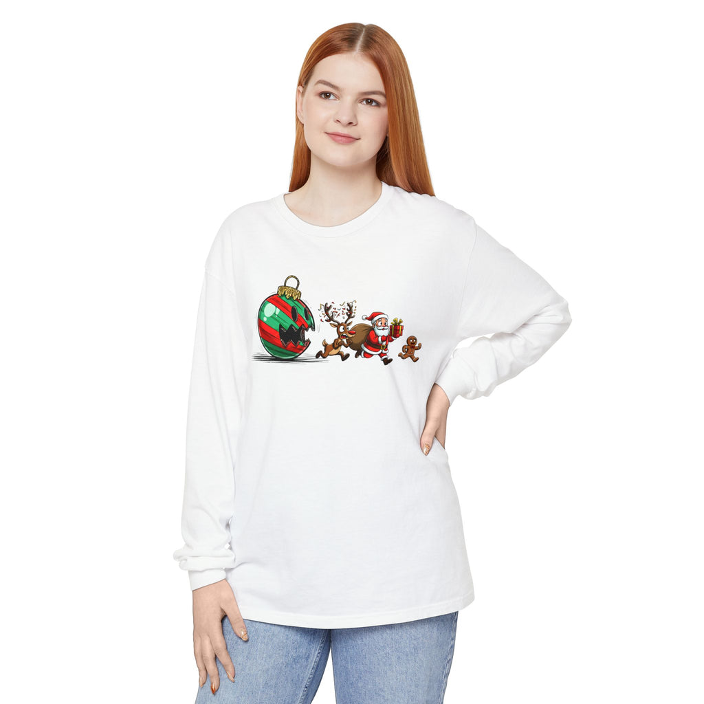 Model wearing the long sleeve tee styled for winter layering, showing the ornament chasing Santa and reindeer across the chest, perfect for cozy holiday gatherings or casual winter outings.