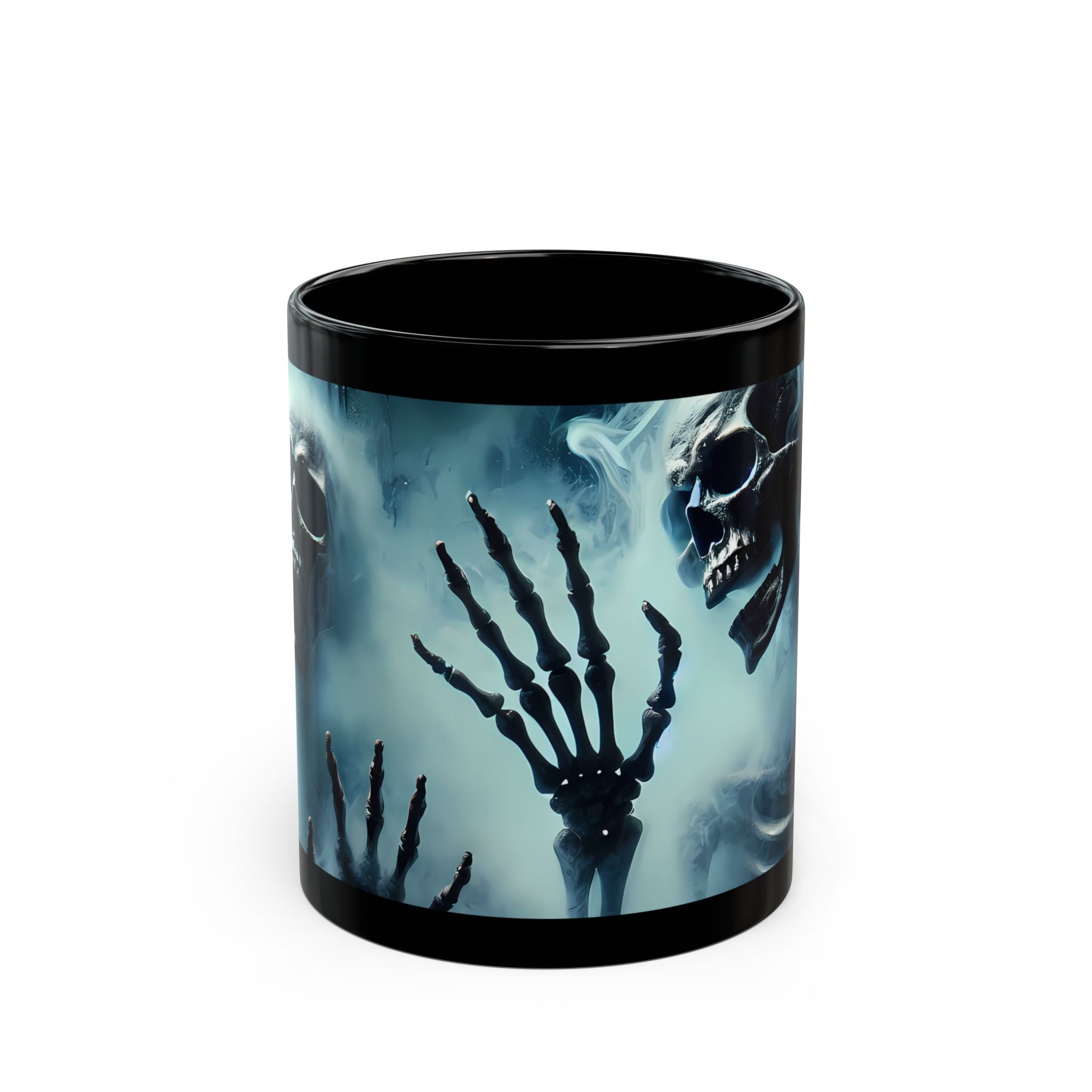 side view of Gothic skeleton mug for spooky Halloween drinkware
