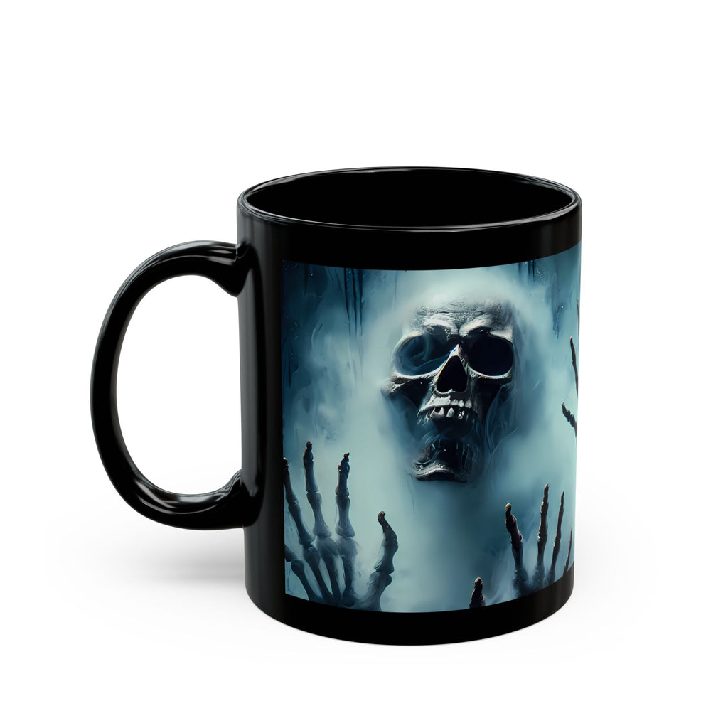 Front view of Gothic skeleton mug for spooky Halloween drinkware