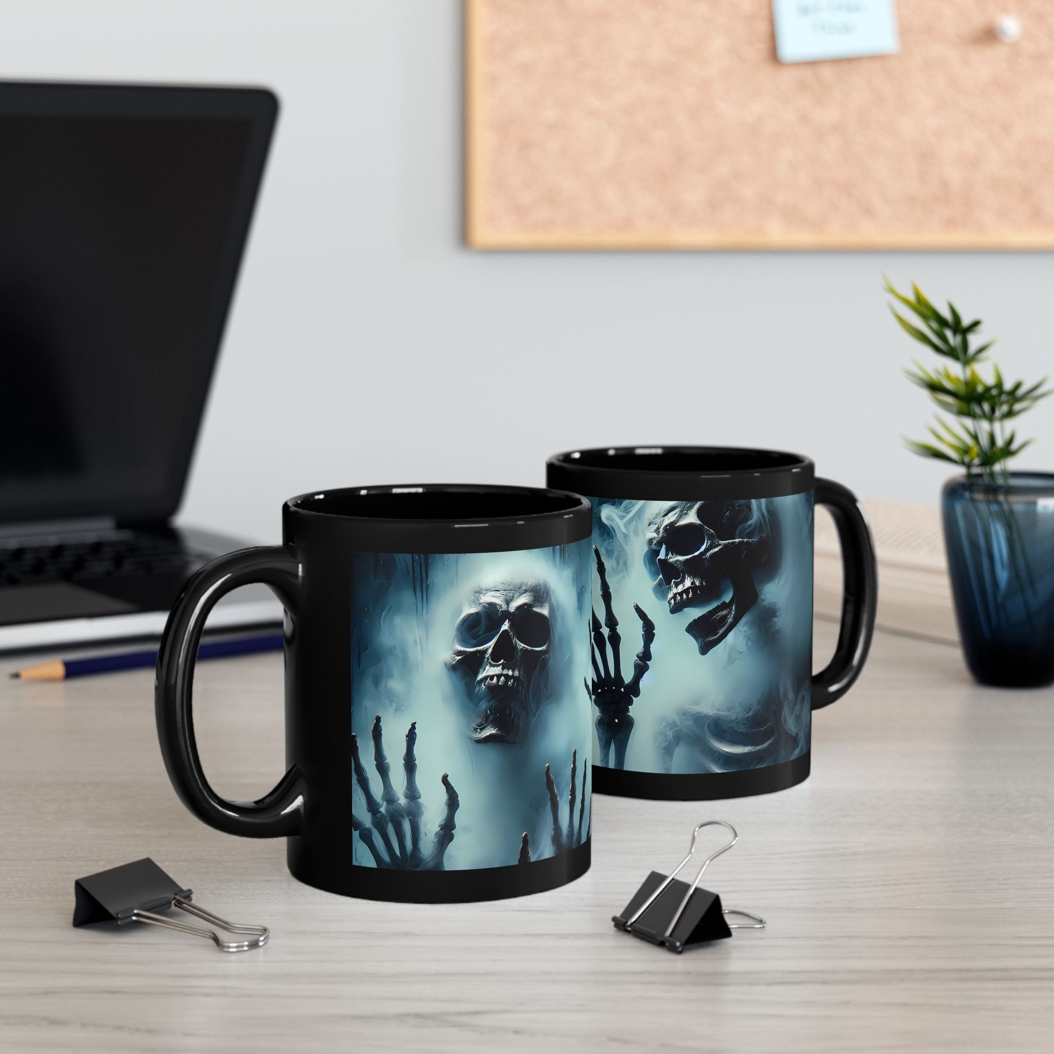 Styled shot with spooky décor and Gothic skeleton mug